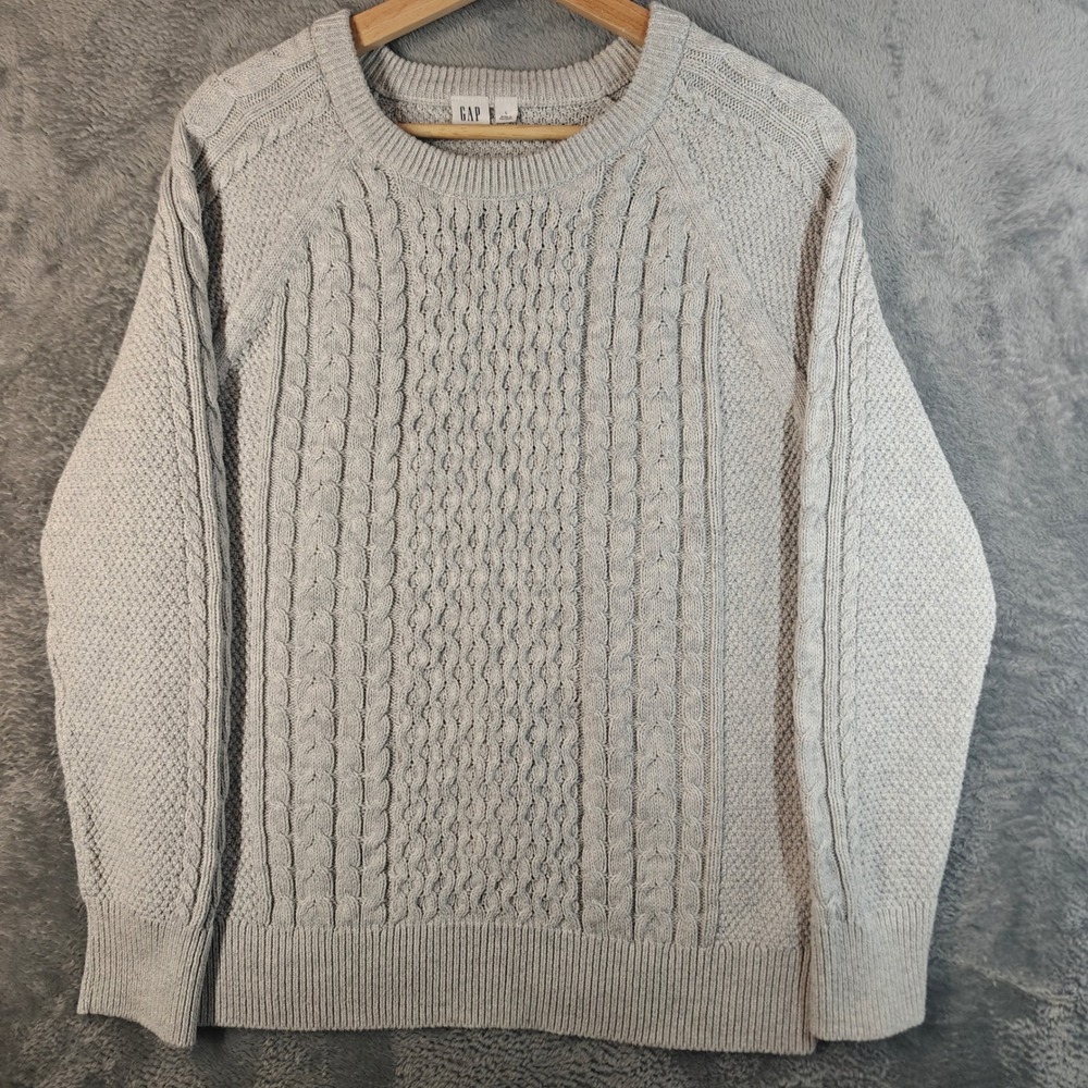 Gap Cable Knit Sweater Mens Large Light Heather Grey Chunky Cotton Crewneck